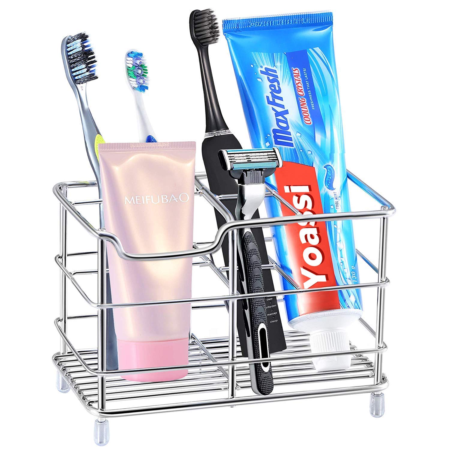 Yoassi Toothbrush Holder, Stainless Steel, Multifunctional Bathroom Storage Organizer, Toothpaste Holder, 6 Slots for Electric Toothbrush